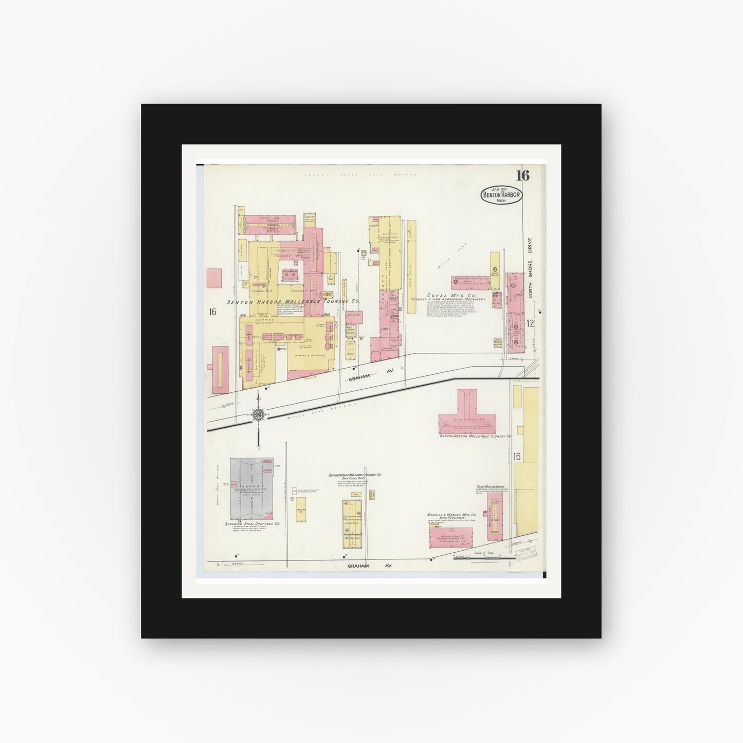 Old map wall art mockup — black gallery frame with white mat — Sanborn Fire Insurance Map from Benton Harbor, Berrien County, Michigan (1917), Sheet #0016