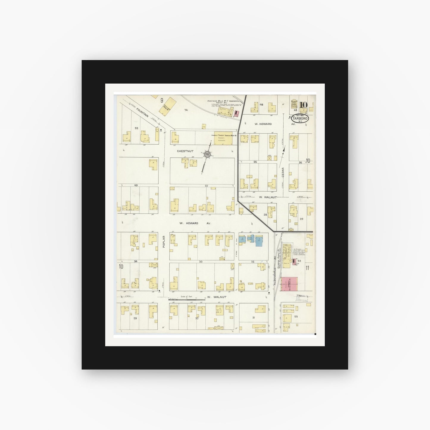 Old map wall art mockup — black gallery frame with white mat — Sanborn Fire Insurance Map from Tarboro, Edgecombe County, North Carolina (1913), Sheet #0010