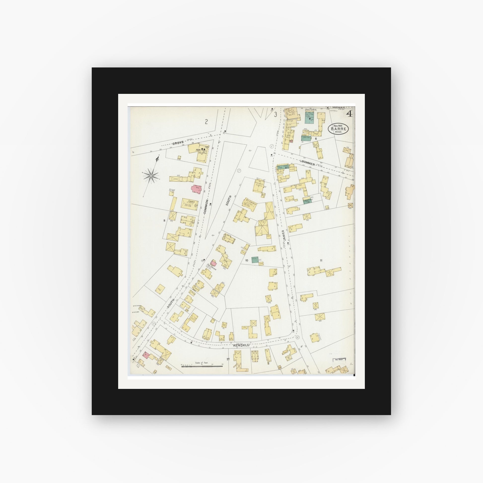Old map wall art mockup — black gallery frame with white mat — Sanborn Fire Insurance Map from Barre, Worcester County, Massachusetts (1905), Sheet #0004