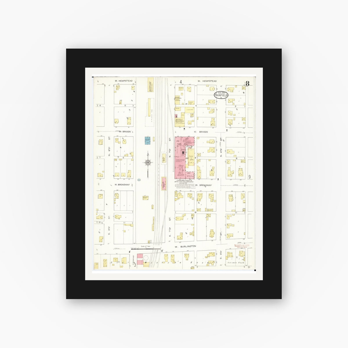 Old map wall art mockup — black gallery frame with white mat — Sanborn Fire Insurance Map from Fairfield, Jefferson County, Iowa (1913), Sheet #0008