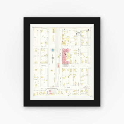 Old map wall art mockup — black gallery frame with white mat — Sanborn Fire Insurance Map from Fairfield, Jefferson County, Iowa (1913), Sheet #0008