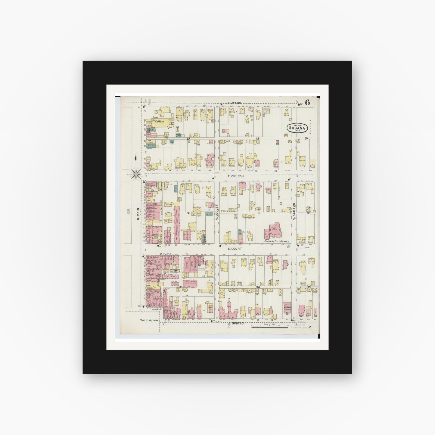 Old map wall art mockup — black gallery frame with white mat — Sanborn Fire Insurance Map from Urbana, Champaign County, Ohio (1895), Sheet #0006