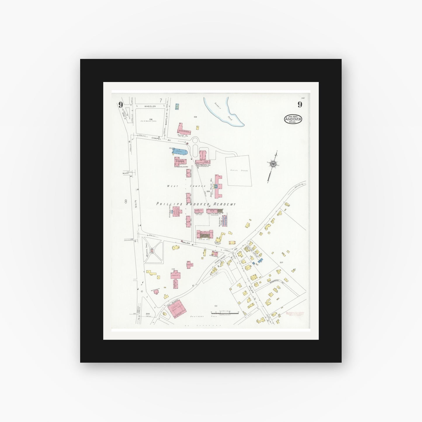 Old map wall art mockup — black gallery frame with white mat — Sanborn Fire Insurance Map from Andover, Essex County, Massachusetts (1930), Sheet #0009