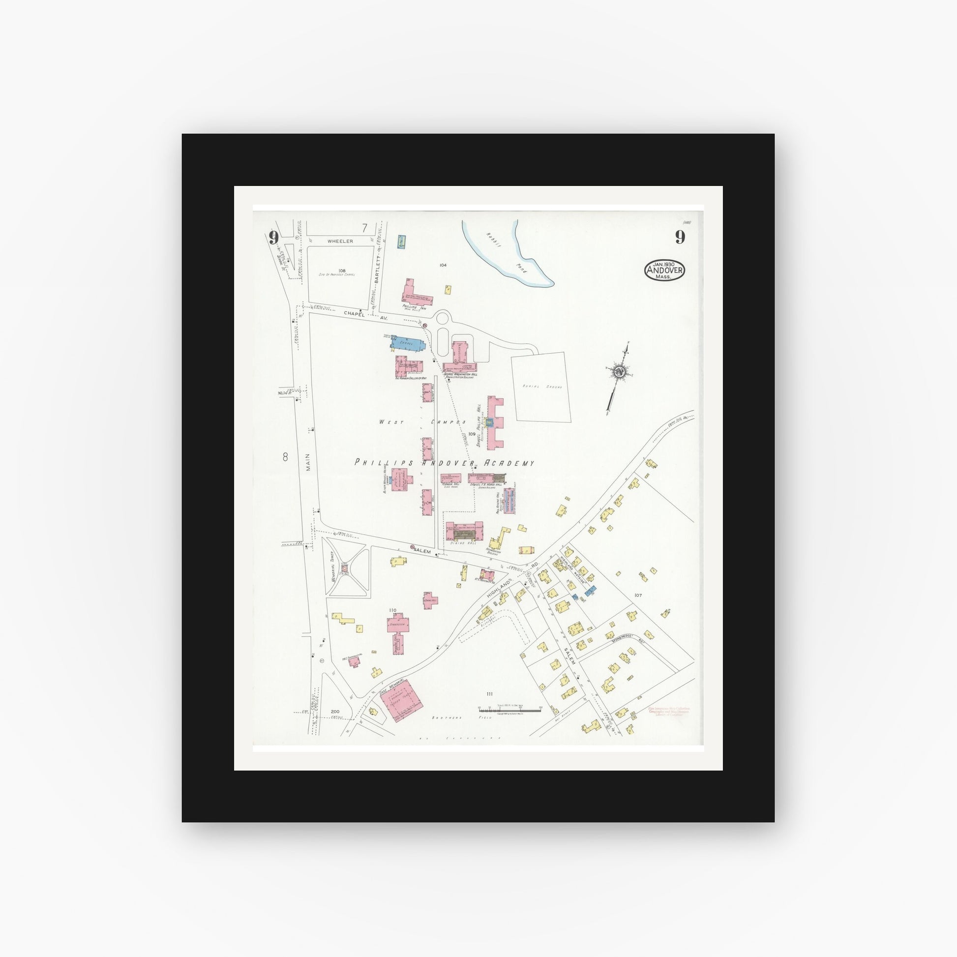 Old map wall art mockup — black gallery frame with white mat — Sanborn Fire Insurance Map from Andover, Essex County, Massachusetts (1930), Sheet #0009