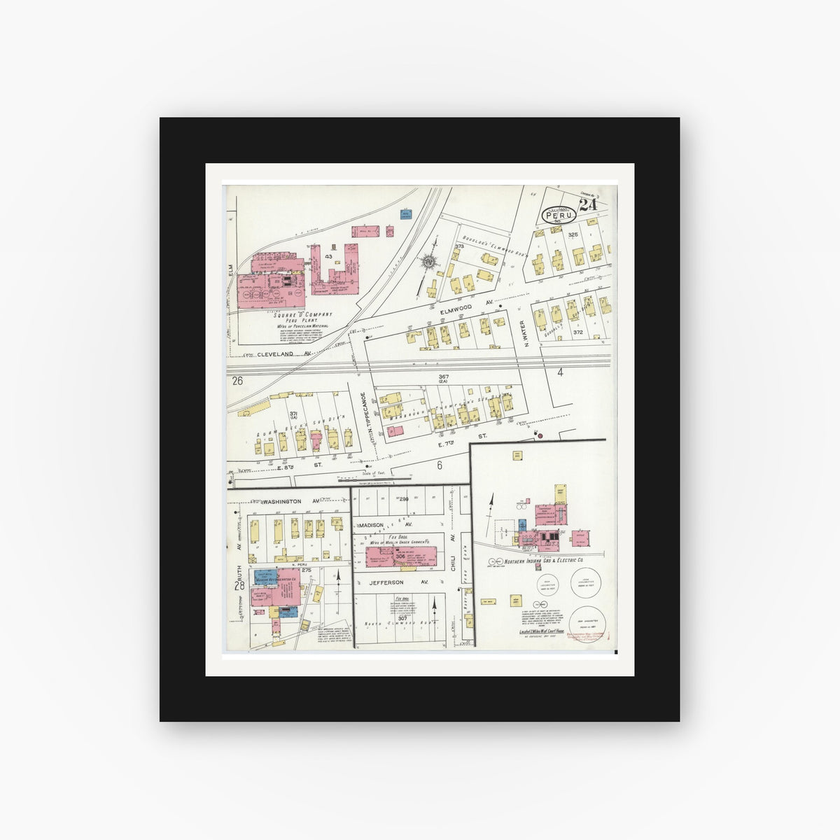Old map wall art mockup — black gallery frame with white mat — Sanborn Fire Insurance Map from Peru, Miami County, Indiana (1920), Sheet #0024