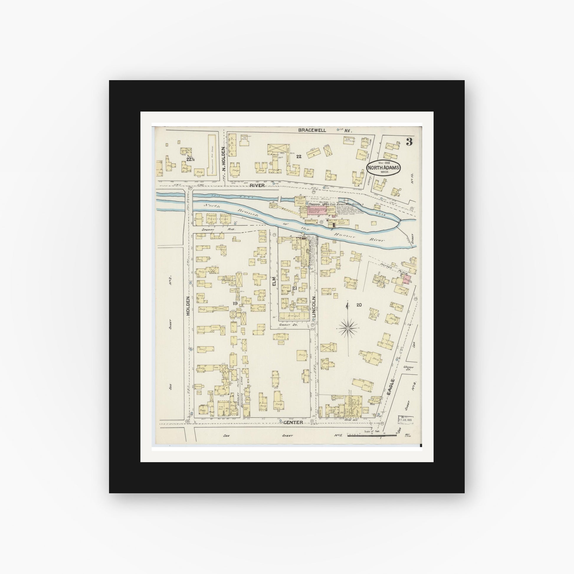Old map wall art mockup — black gallery frame with white mat — Sanborn Fire Insurance Map from North Adams, Berkshire County, Massachusetts (1888), Sheet #0003
