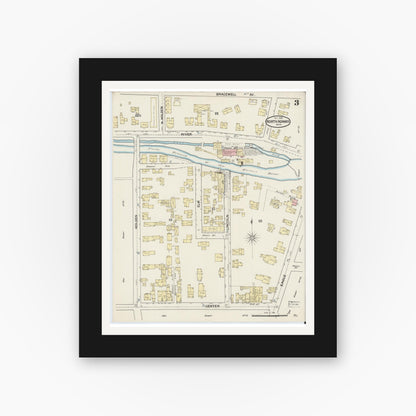 Old map wall art mockup — black gallery frame with white mat — Sanborn Fire Insurance Map from North Adams, Berkshire County, Massachusetts (1888), Sheet #0003