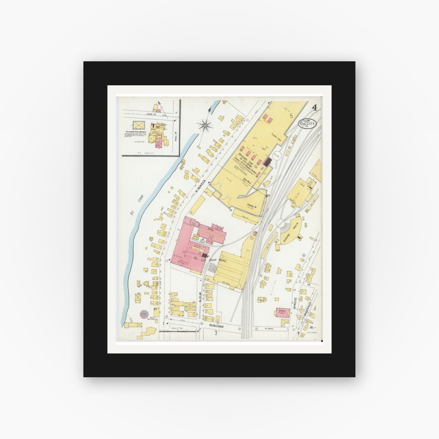 Old map wall art mockup — black gallery frame with white mat — Sanborn Fire Insurance Map from Oil City, Venango County, Pennsylvania (1901), Sheet #0004