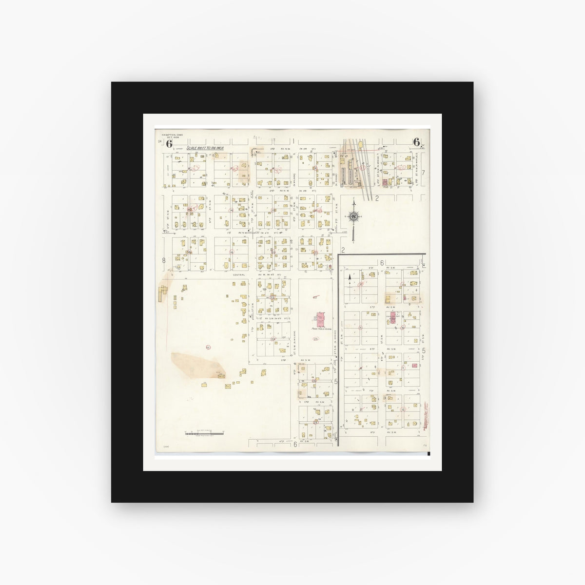 Old map wall art mockup — black gallery frame with white mat — Sanborn Fire Insurance Map from Hampton, Franklin County, Iowa (1944), Sheet #0006