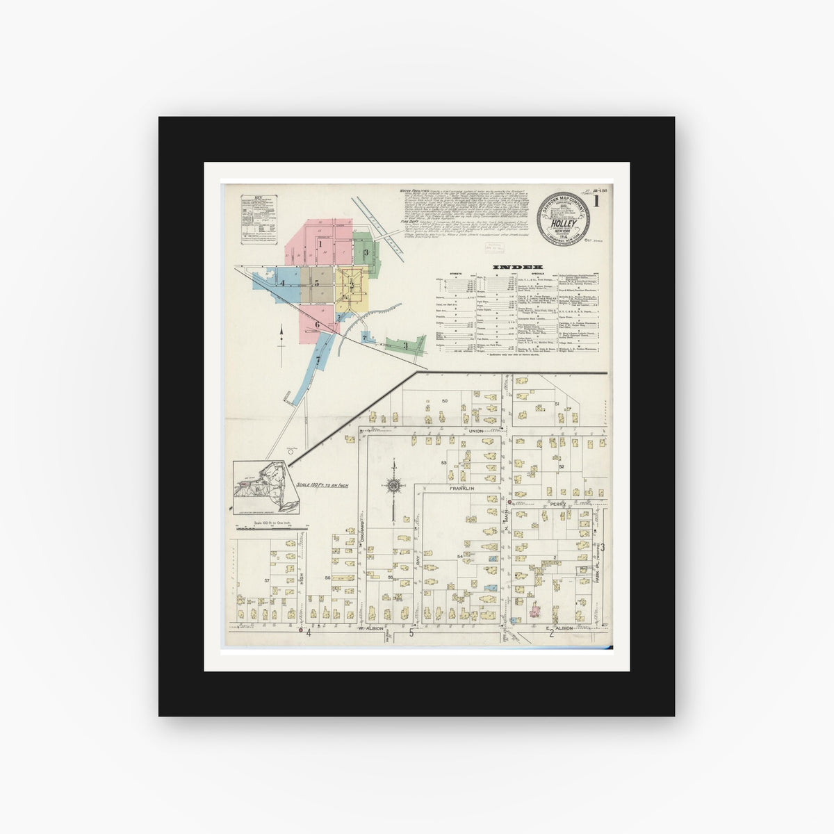 Old map wall art mockup — black gallery frame with white mat — Sanborn Fire Insurance Map from Holley, Orleans County, New York (1914) - Complete Map Set