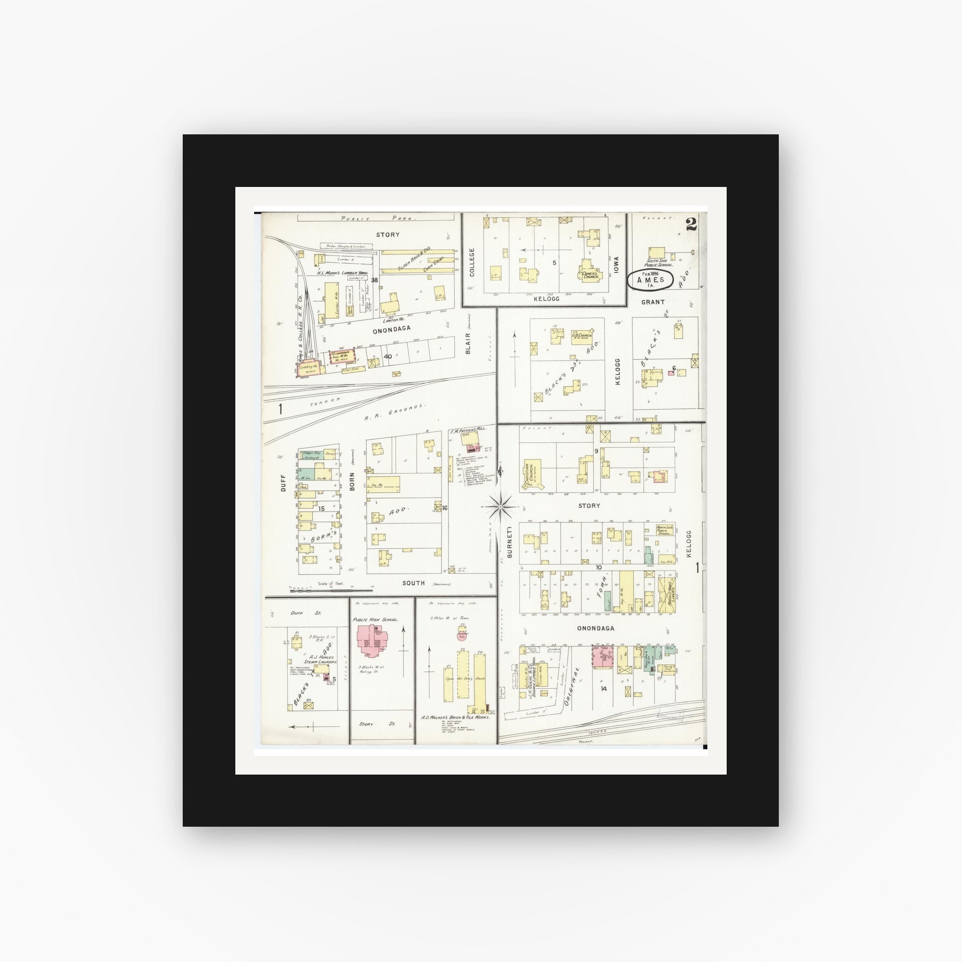 Old map wall art mockup — black gallery frame with white mat — Sanborn Fire Insurance Map from Ames, Story County, Iowa (1896), Sheet #0002