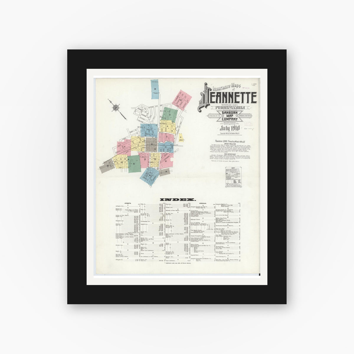 Old map wall art mockup — black gallery frame with white mat — Sanborn Fire Insurance Map from Jeannette, Westmoreland County, Pennsylvania (1910), Sheet #0001