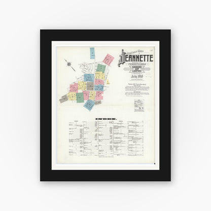 Old map wall art mockup — black gallery frame with white mat — Sanborn Fire Insurance Map from Jeannette, Westmoreland County, Pennsylvania (1910), Sheet #0001