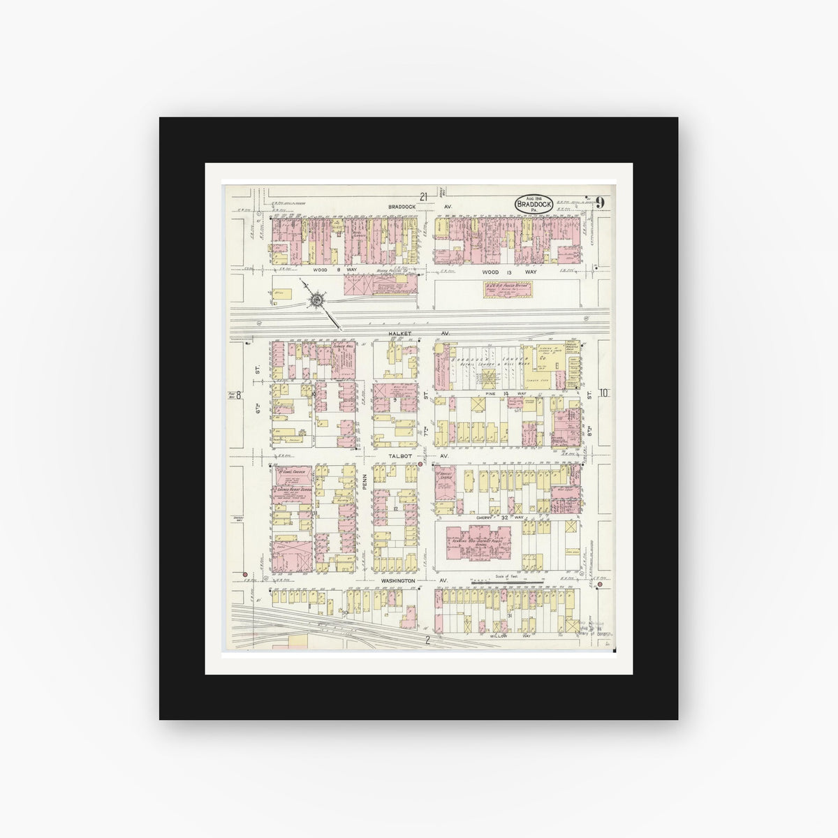 Old map wall art mockup — black gallery frame with white mat — Sanborn Fire Insurance Map from Braddock, Allegheny County, Pennsylvania (1914), Sheet #0009