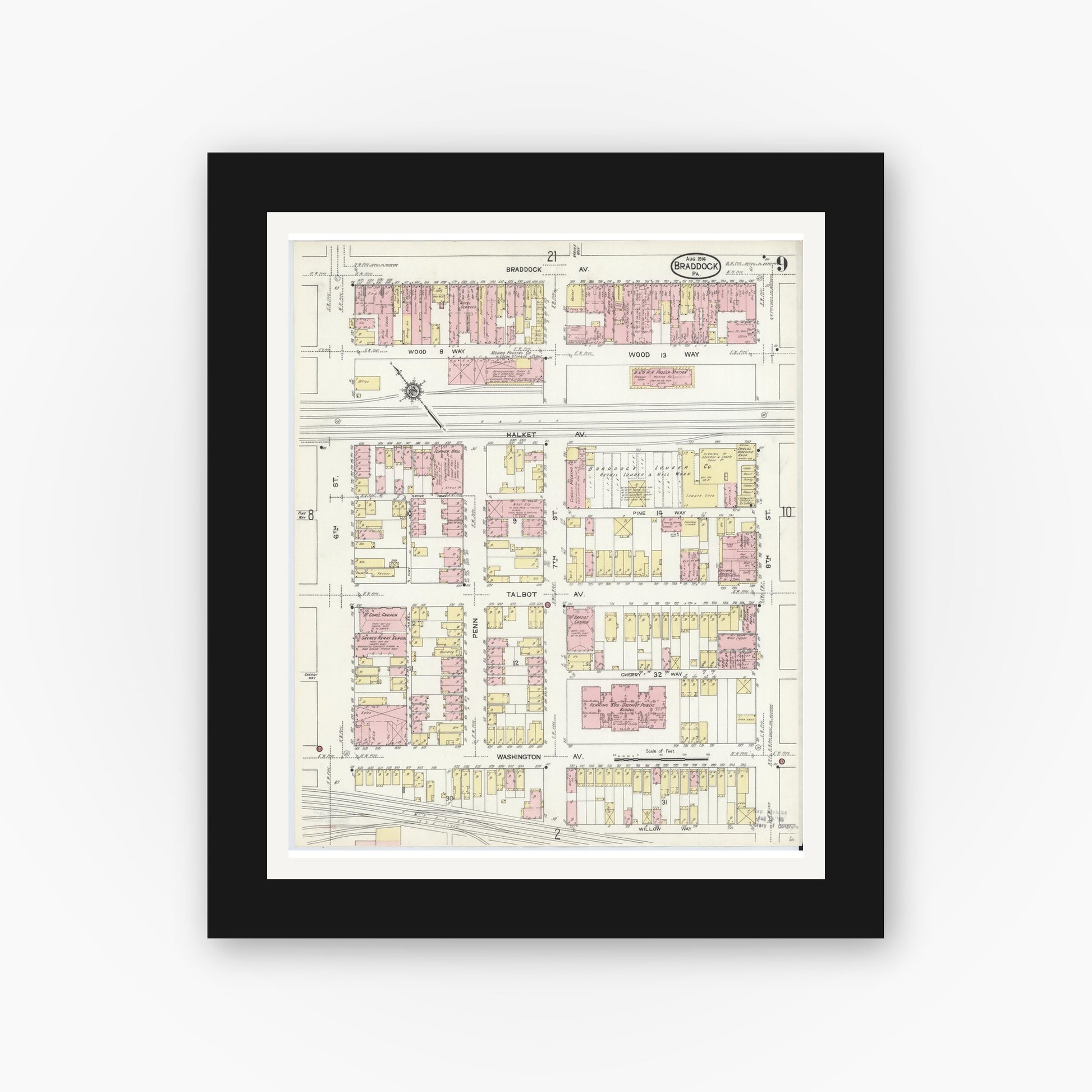 Old map wall art mockup — black gallery frame with white mat — Sanborn Fire Insurance Map from Braddock, Allegheny County, Pennsylvania (1914), Sheet #0009