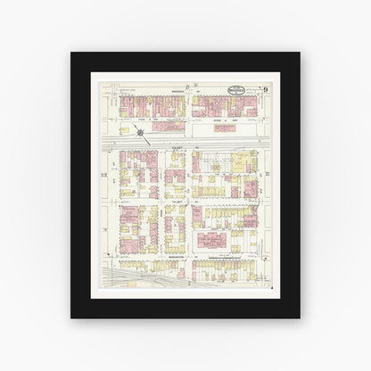 Old map wall art mockup — black gallery frame with white mat — Sanborn Fire Insurance Map from Braddock, Allegheny County, Pennsylvania (1914), Sheet #0009