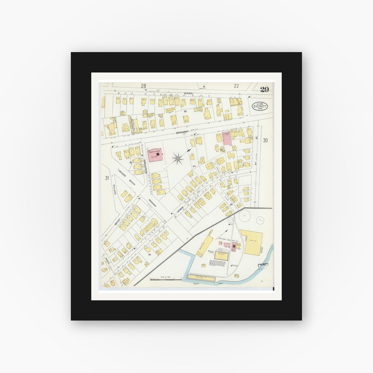 Old map wall art mockup — black gallery frame with white mat — Sanborn Fire Insurance Map from Everett, Middlesex County, Massachusetts (1903), Sheet #0029