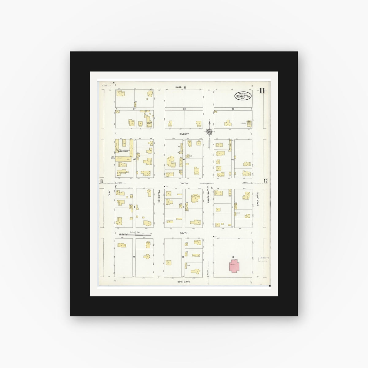 Old map wall art mockup — black gallery frame with white mat — Sanborn Fire Insurance Map from Henrietta, Clay County, Texas (1912), Sheet #0011