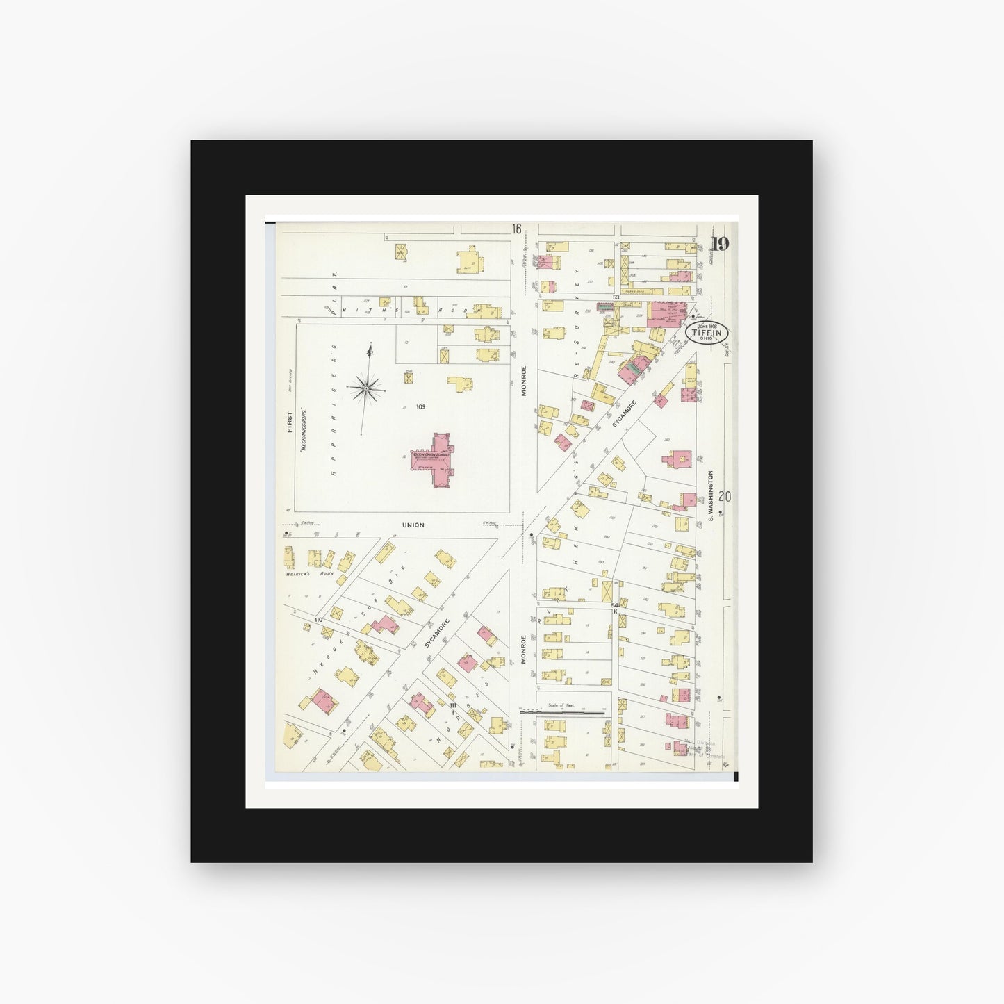 Old map wall art mockup — black gallery frame with white mat — Sanborn Fire Insurance Map from Tiffin, Seneca County, Ohio (1908), Sheet #0019