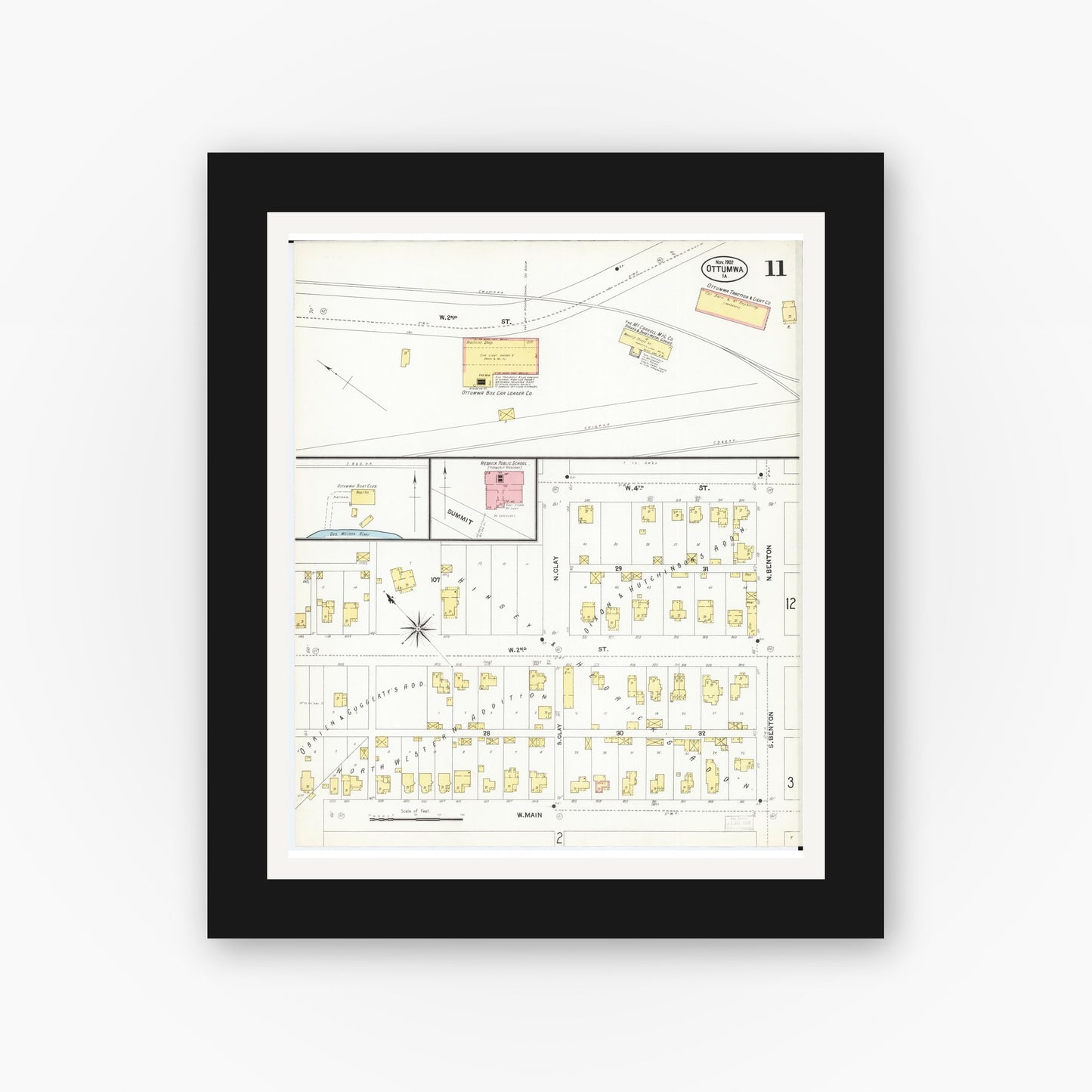 Old map wall art mockup — black gallery frame with white mat — Sanborn Fire Insurance Map from Ottumwa, Wapello County, Iowa (1902), Sheet #0011
