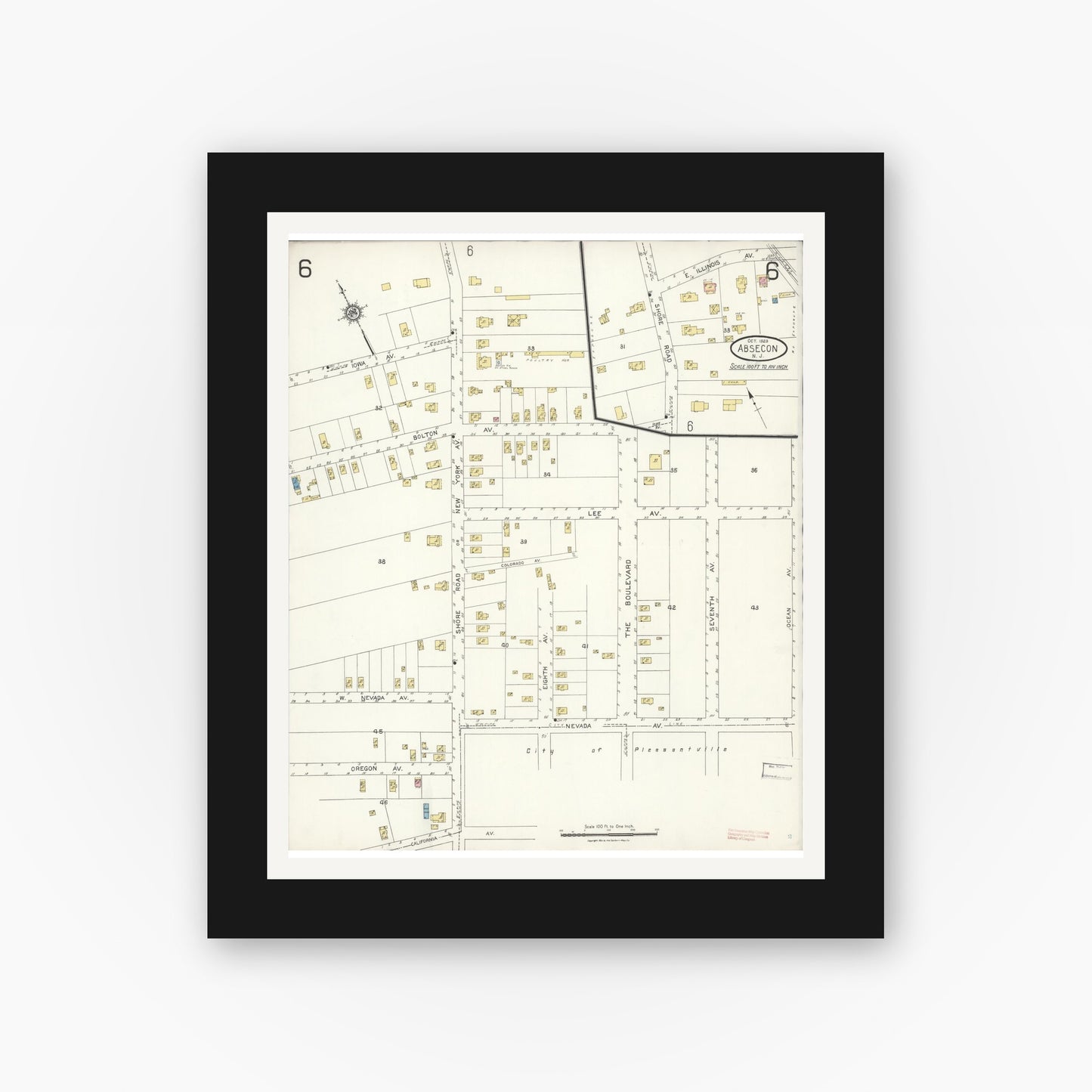 Old map wall art mockup — black gallery frame with white mat — Sanborn Fire Insurance Map from Absecon, Atlantic County, New Jersey (1923), Sheet #0006