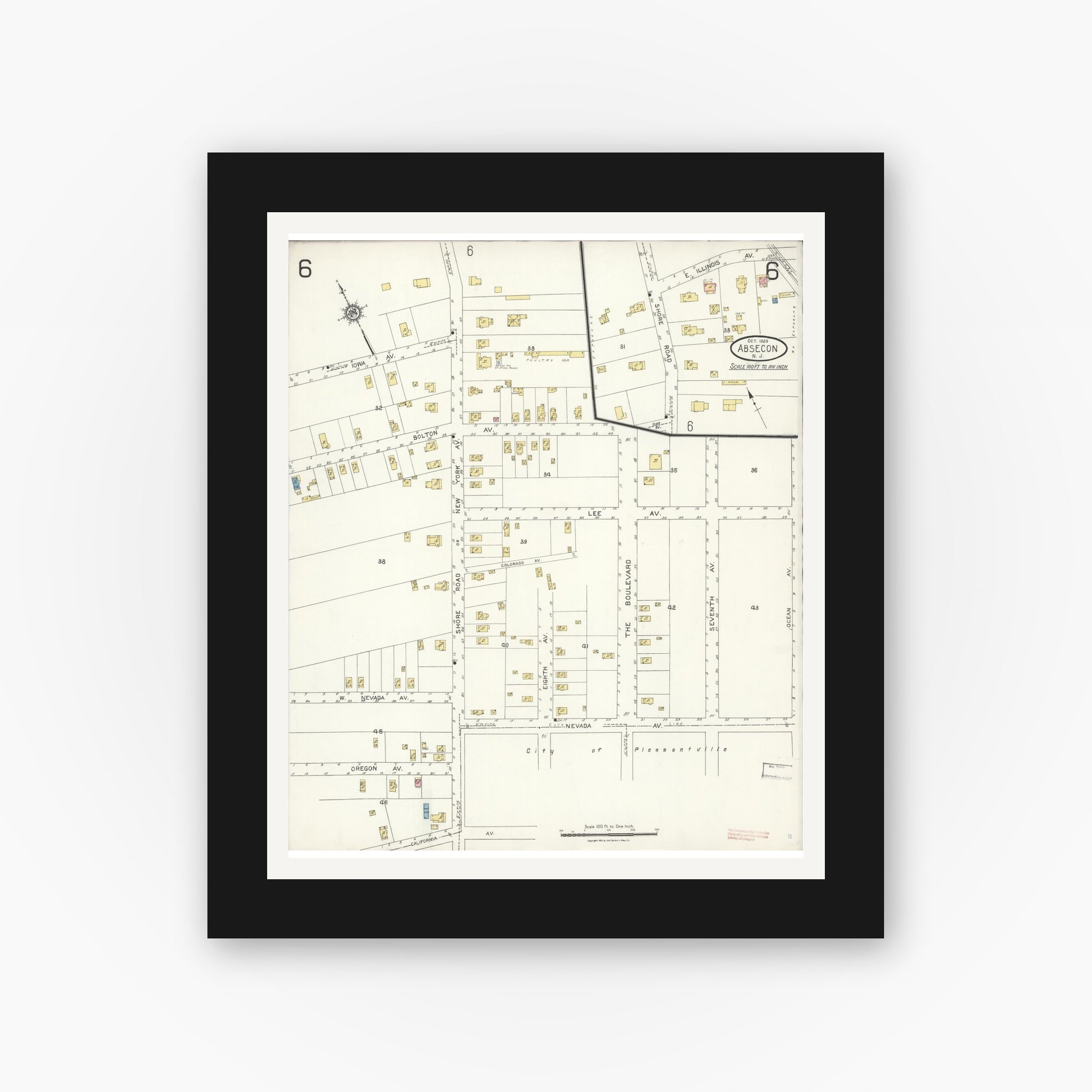 Old map wall art mockup — black gallery frame with white mat — Sanborn Fire Insurance Map from Absecon, Atlantic County, New Jersey (1923), Sheet #0006