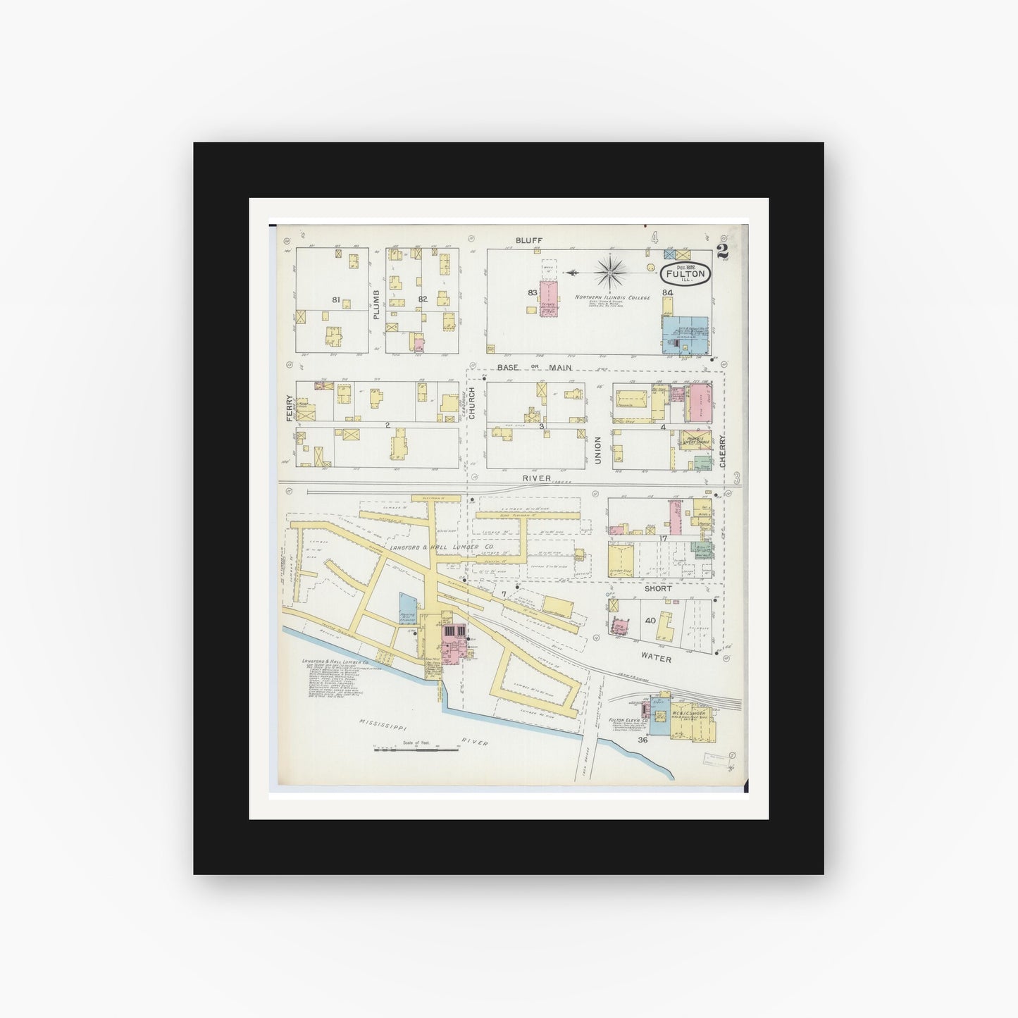 Old map wall art mockup — black gallery frame with white mat — Sanborn Fire Insurance Map from Fulton, Whiteside County, Illinois (1892), Sheet #0002