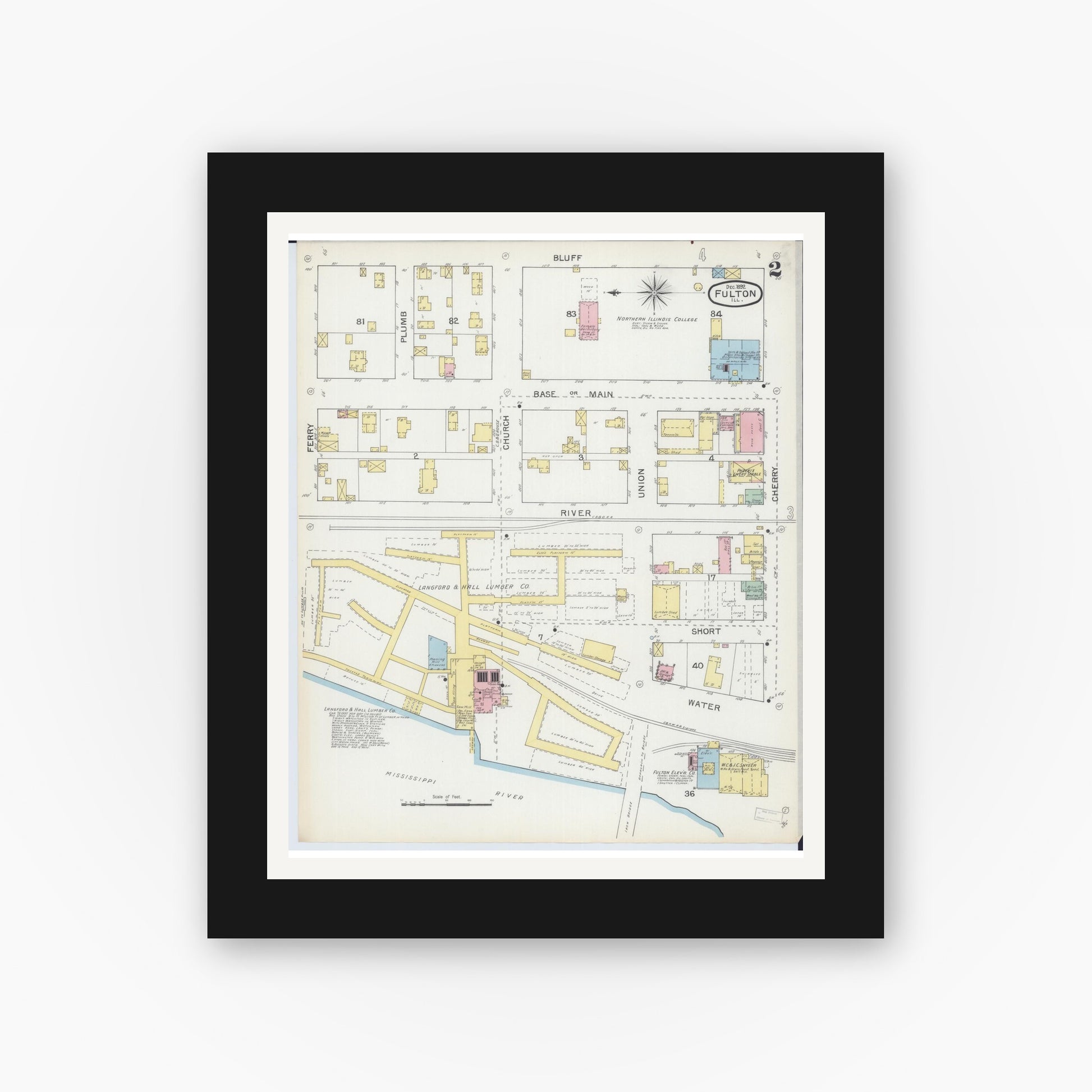 Old map wall art mockup — black gallery frame with white mat — Sanborn Fire Insurance Map from Fulton, Whiteside County, Illinois (1892), Sheet #0002