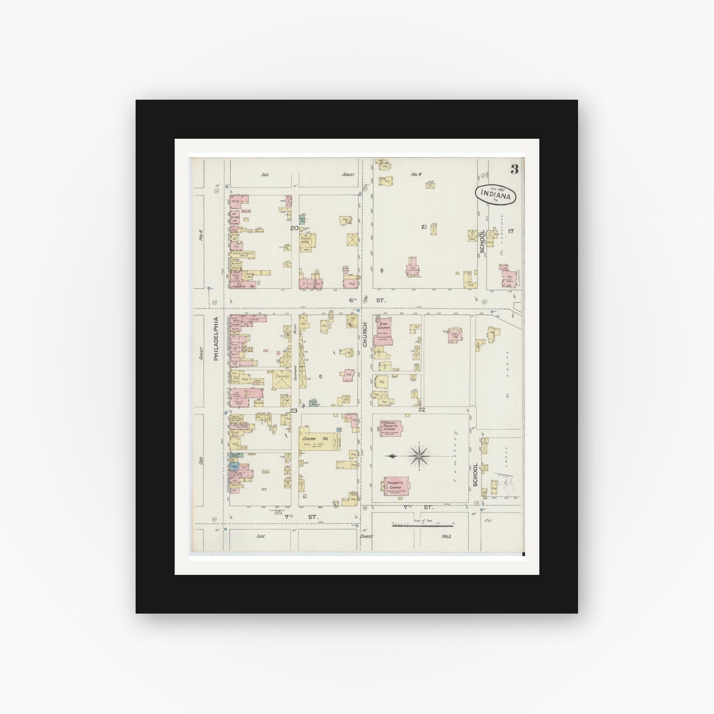 Old map wall art mockup — black gallery frame with white mat — Sanborn Fire Insurance Map from Indiana, Indiana County, Pennsylvania (1887), Sheet #0003