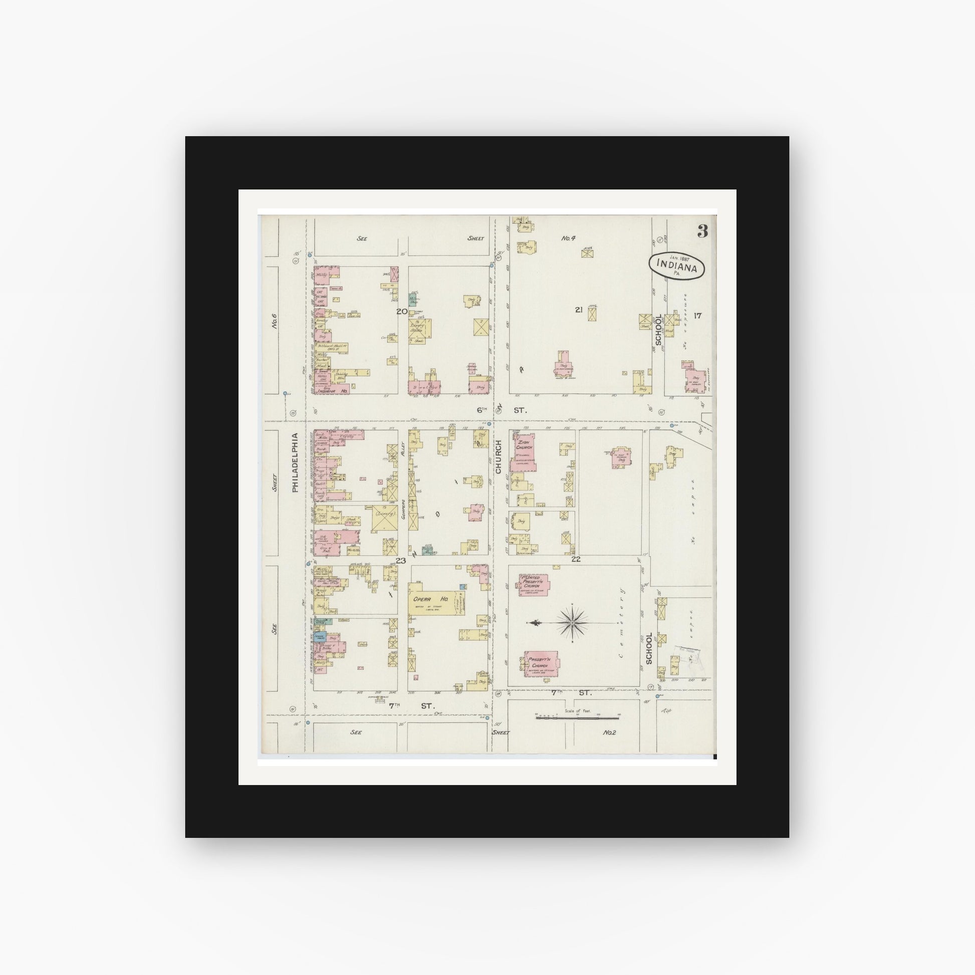 Old map wall art mockup — black gallery frame with white mat — Sanborn Fire Insurance Map from Indiana, Indiana County, Pennsylvania (1887), Sheet #0003