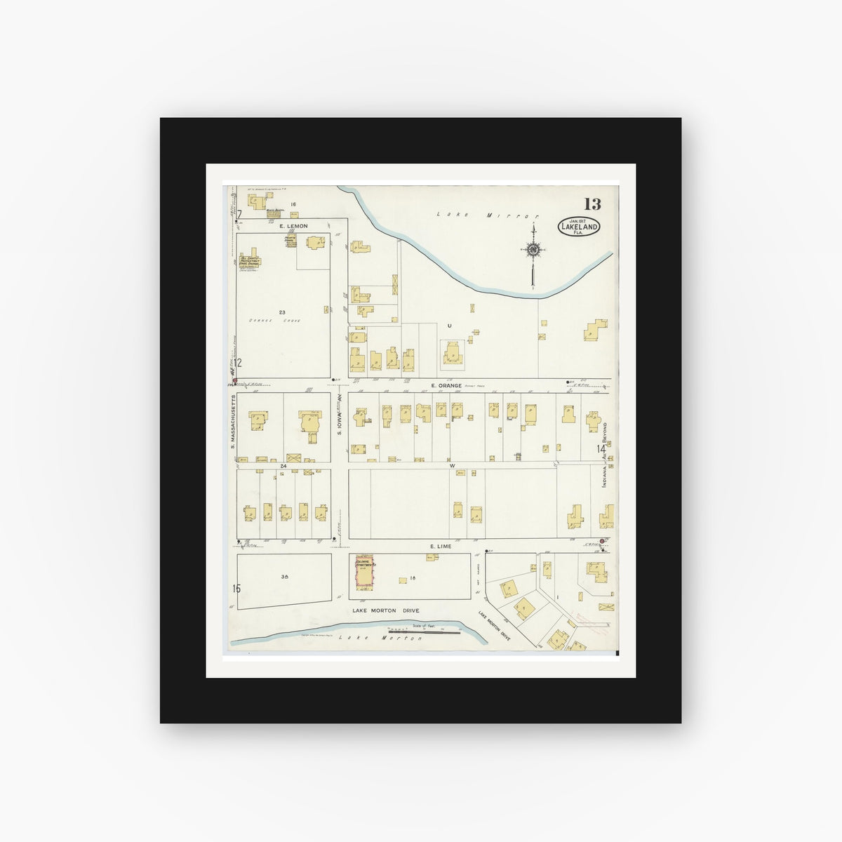 Old map wall art mockup — black gallery frame with white mat — Sanborn Fire Insurance Map from Lakeland, Polk County, Florida (1917), Sheet #0013
