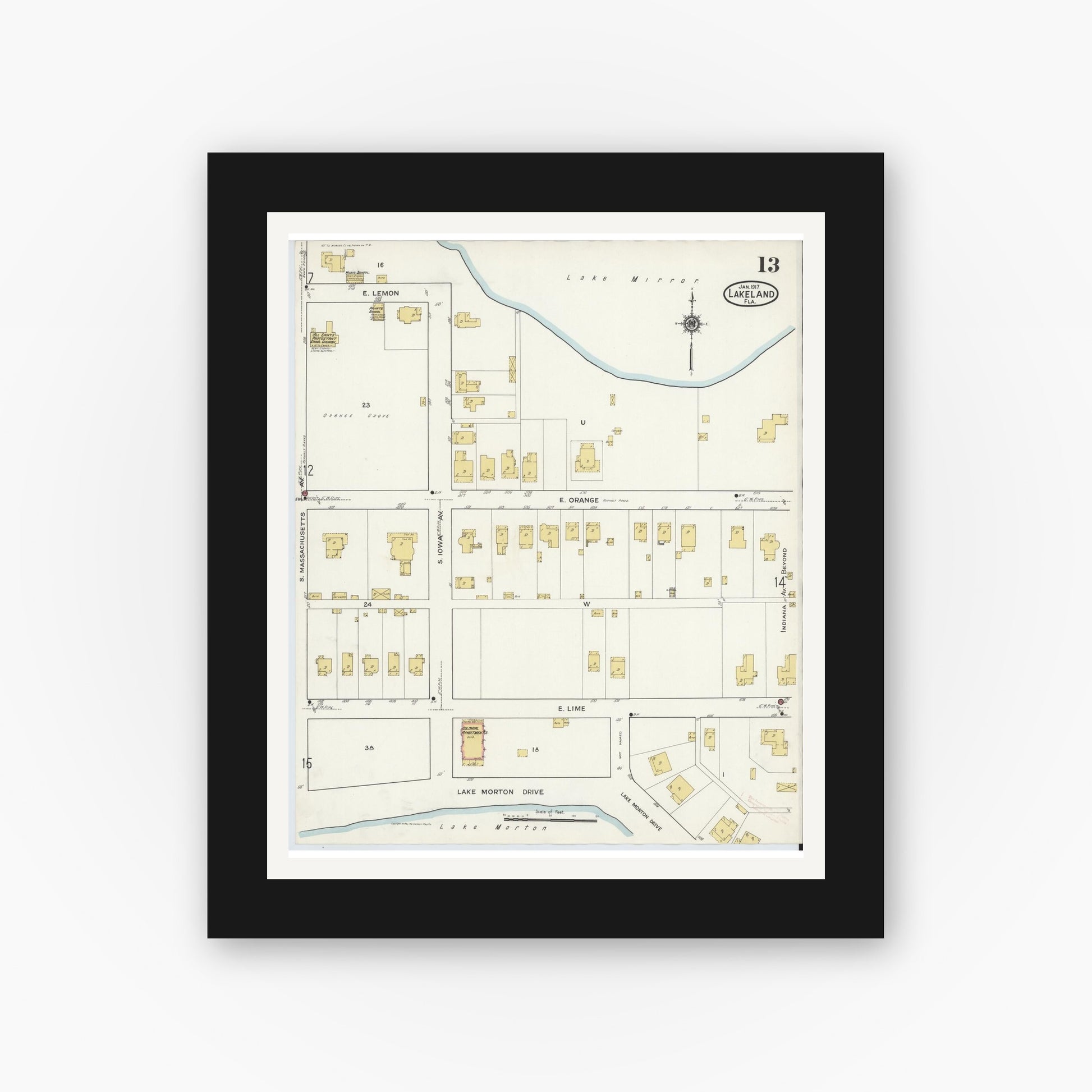 Old map wall art mockup — black gallery frame with white mat — Sanborn Fire Insurance Map from Lakeland, Polk County, Florida (1917), Sheet #0013