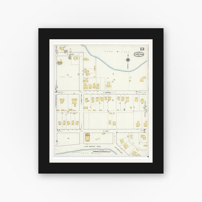 Old map wall art mockup — black gallery frame with white mat — Sanborn Fire Insurance Map from Lakeland, Polk County, Florida (1917), Sheet #0013