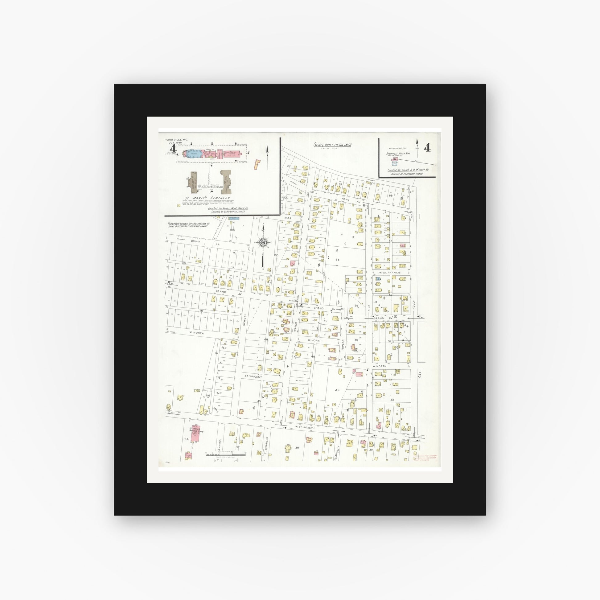Old map wall art mockup — black gallery frame with white mat — Sanborn Fire Insurance Map from Perryville, Perry County, Missouri (1938), Sheet #0004