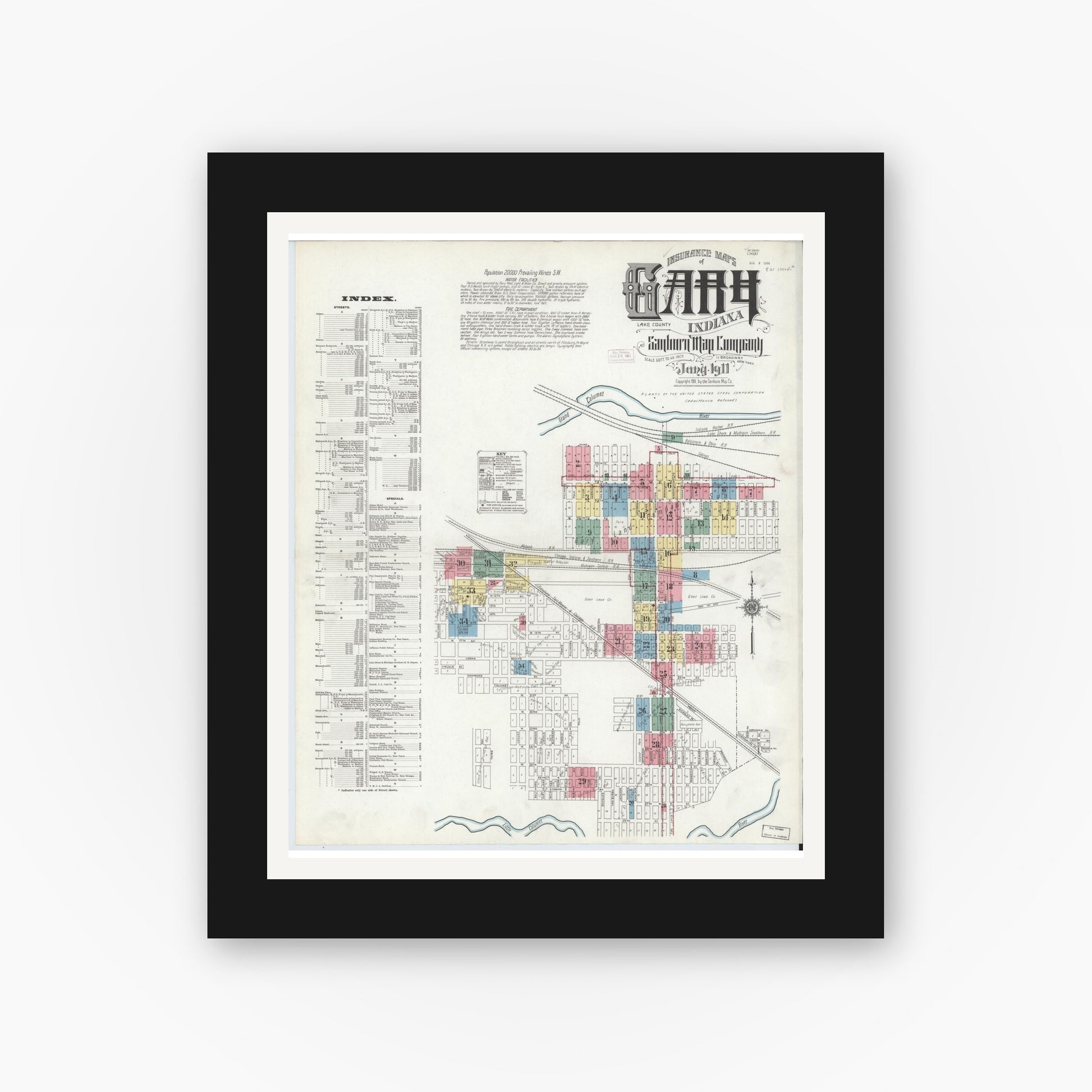 Old map wall art mockup — black gallery frame with white mat — Sanborn Fire Insurance Map from Gary, Lake County, Indiana (1911) - Complete Map Set