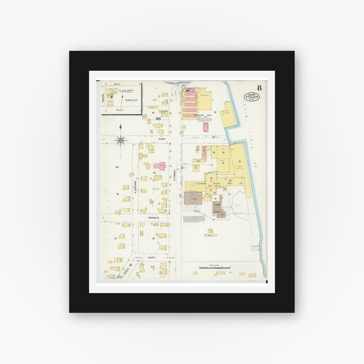Old map wall art mockup — black gallery frame with white mat — Sanborn Fire Insurance Map from Saint Clair, Saint Clair County, Michigan (1907), Sheet #0008
