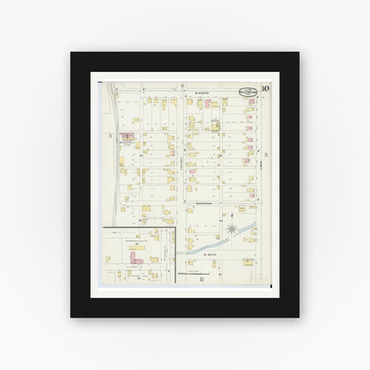Old map wall art mockup — black gallery frame with white mat — Sanborn Fire Insurance Map from Bellefontaine, Logan County, Ohio (1896), Sheet #0010