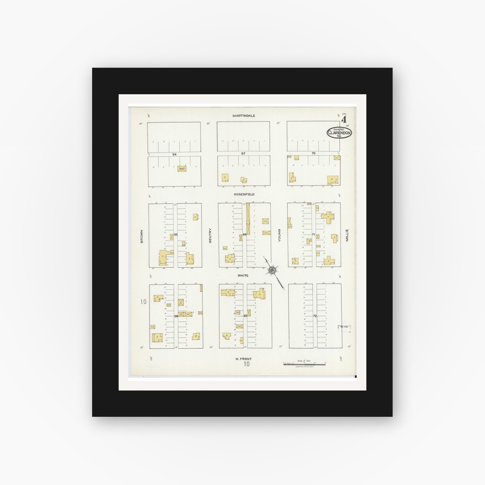 Old map wall art mockup — black gallery frame with white mat — Sanborn Fire Insurance Map from Clarendon, Donley County, Texas (1921), Sheet #0004