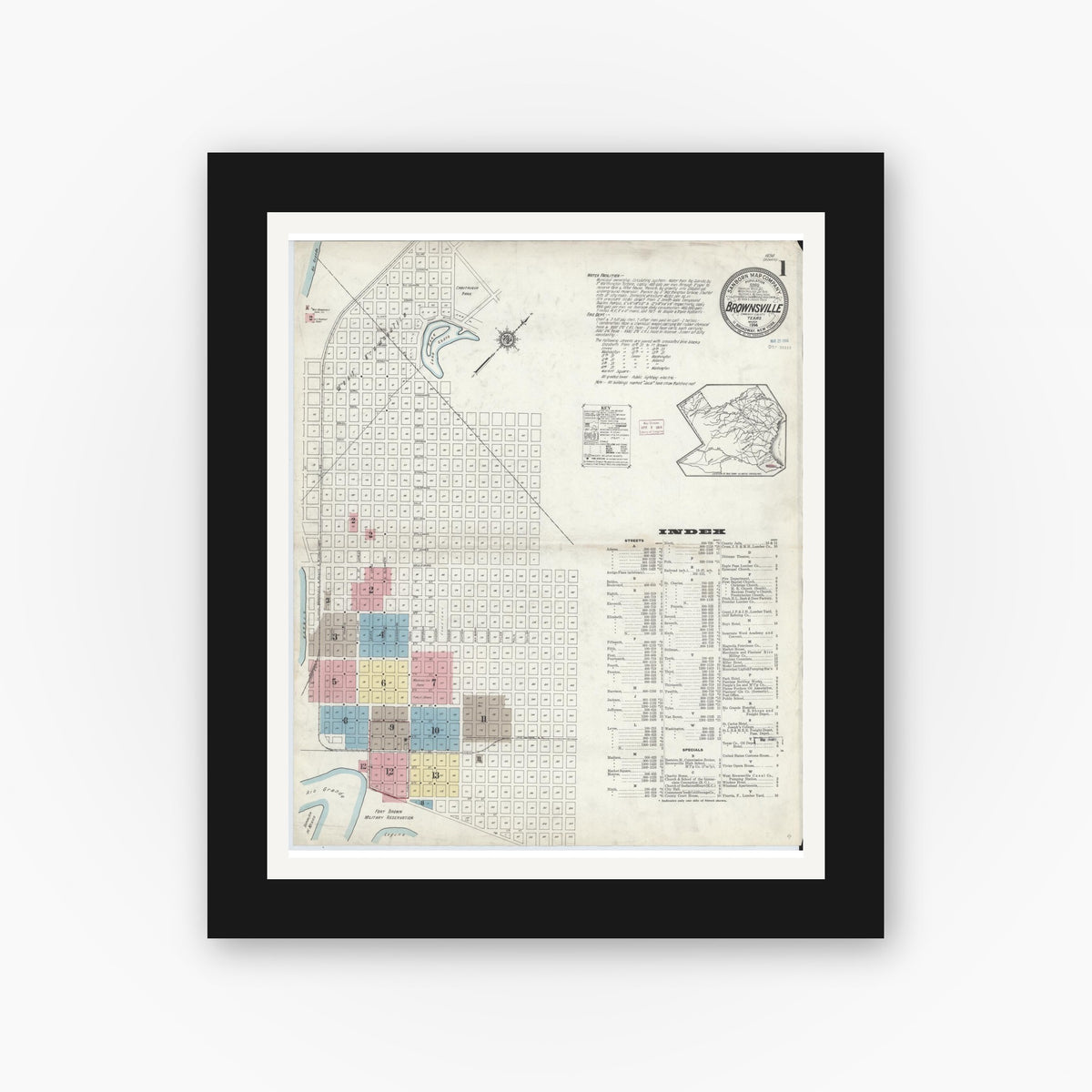 Old map wall art mockup — black gallery frame with white mat — Sanborn Fire Insurance Map from Brownsville, Cameron County, Texas (1914) - Complete Map Set