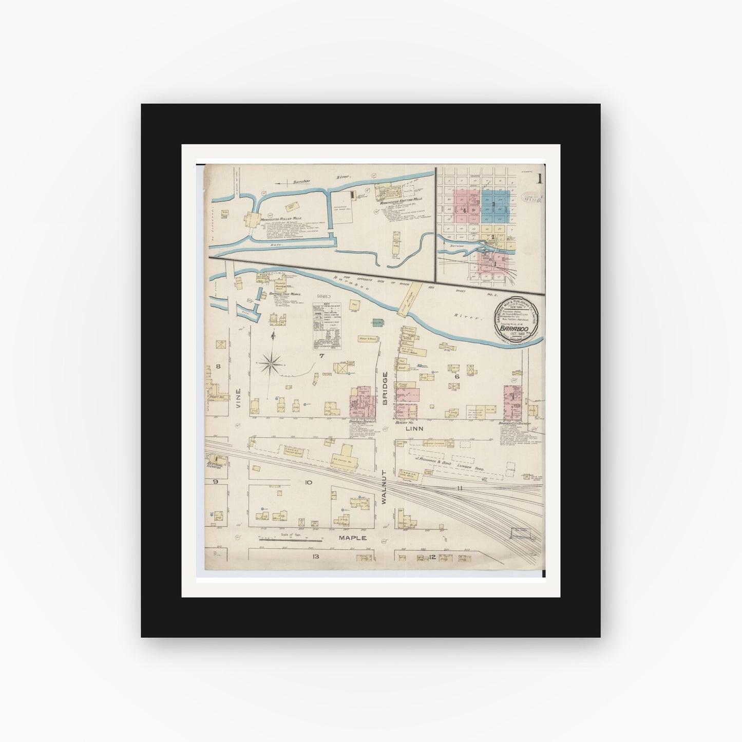 Old map wall art mockup — black gallery frame with white mat — Sanborn Fire Insurance Map from Baraboo, Sauk County, Wisconsin (1885), Sheet #0001