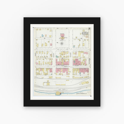 Old map wall art mockup — black gallery frame with white mat — Sanborn Fire Insurance Map from Savanna, Carroll County, Illinois (1892), Sheet #0003