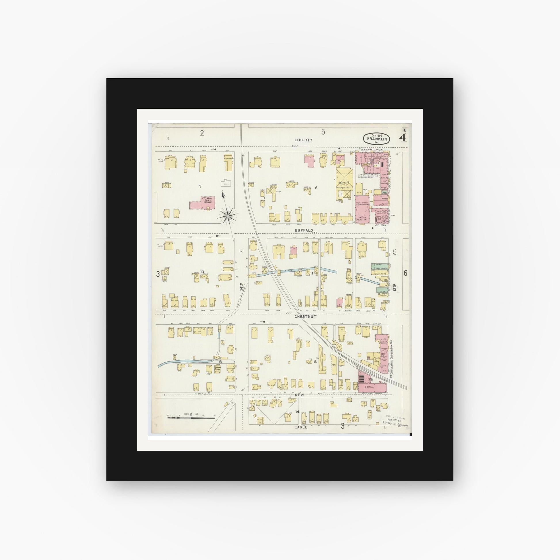 Old map wall art mockup — black gallery frame with white mat — Sanborn Fire Insurance Map from Franklin, Venango County, Pennsylvania (1896), Sheet #0004
