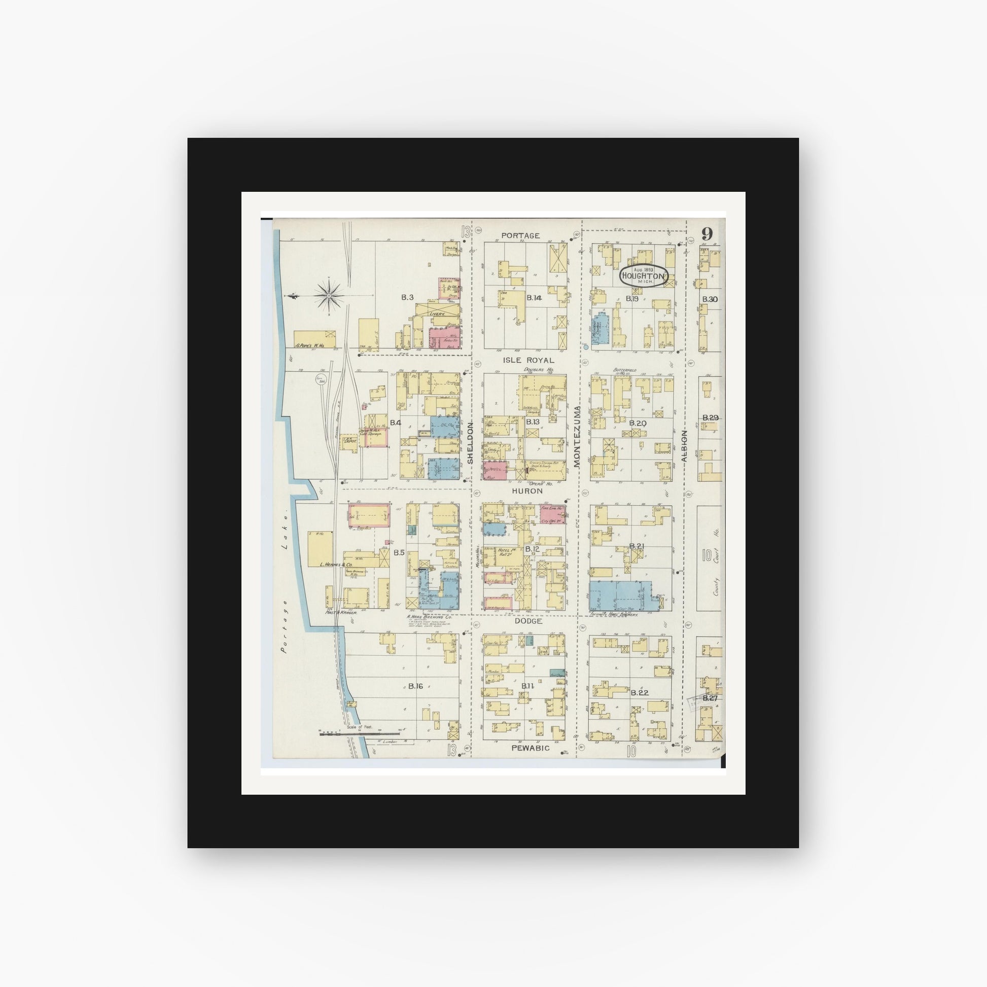 Old map wall art mockup — black gallery frame with white mat — Sanborn Fire Insurance Map from Houghton, Houghton County, Michigan (1893), Sheet #0009