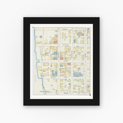 Old map wall art mockup — black gallery frame with white mat — Sanborn Fire Insurance Map from Houghton, Houghton County, Michigan (1893), Sheet #0009