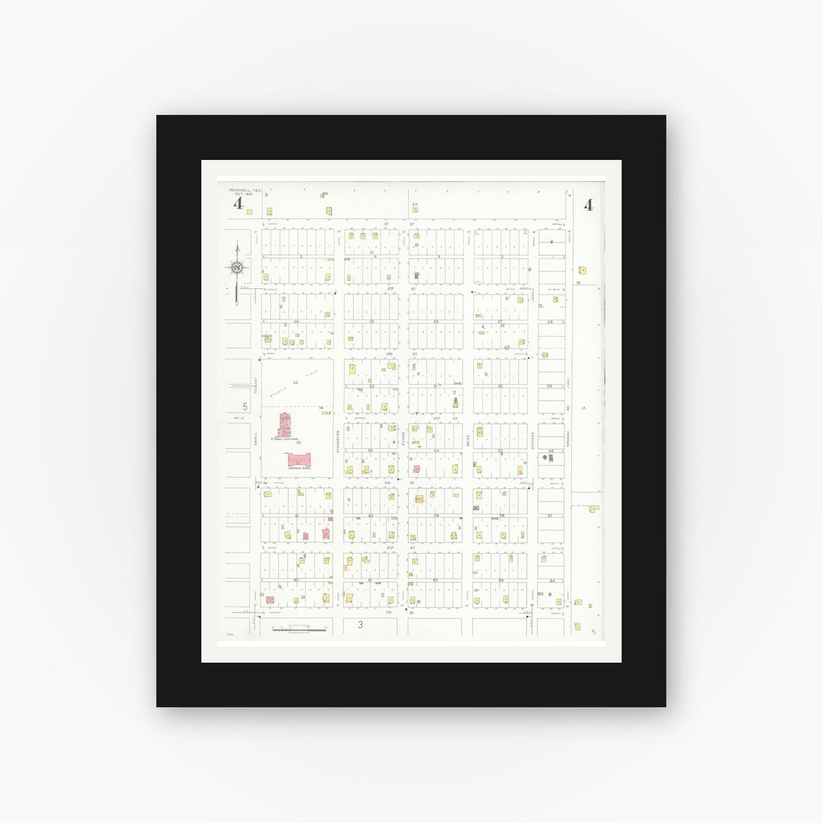 Old map wall art mockup — black gallery frame with white mat — Sanborn Fire Insurance Map from O'Donnell, Lynn And Dawson Counties, Texas (1935), Sheet #0004