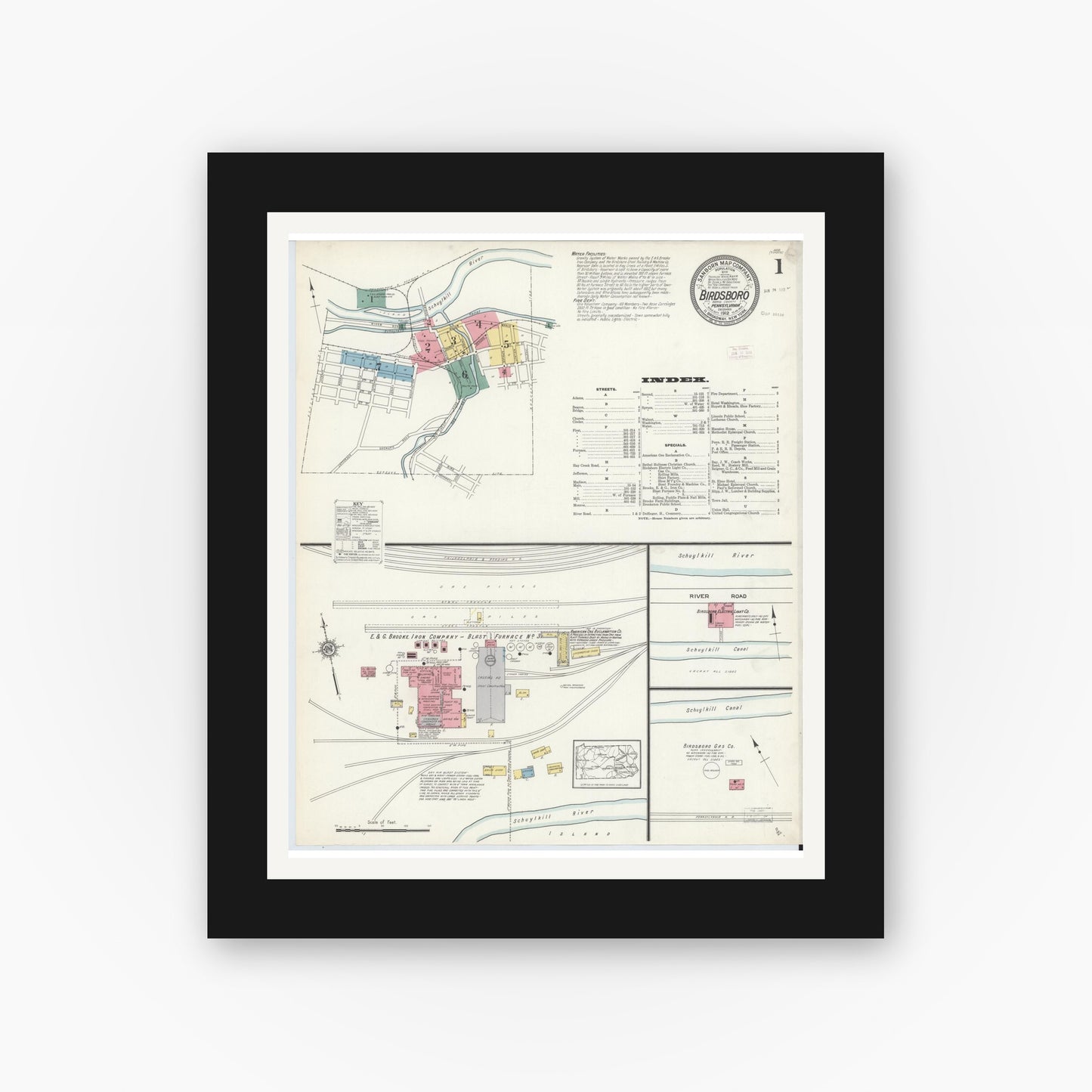 Old map wall art mockup — black gallery frame with white mat — Sanborn Fire Insurance Map from Birdsboro, Berks County, Pennsylvania (1912) - Complete Map Set