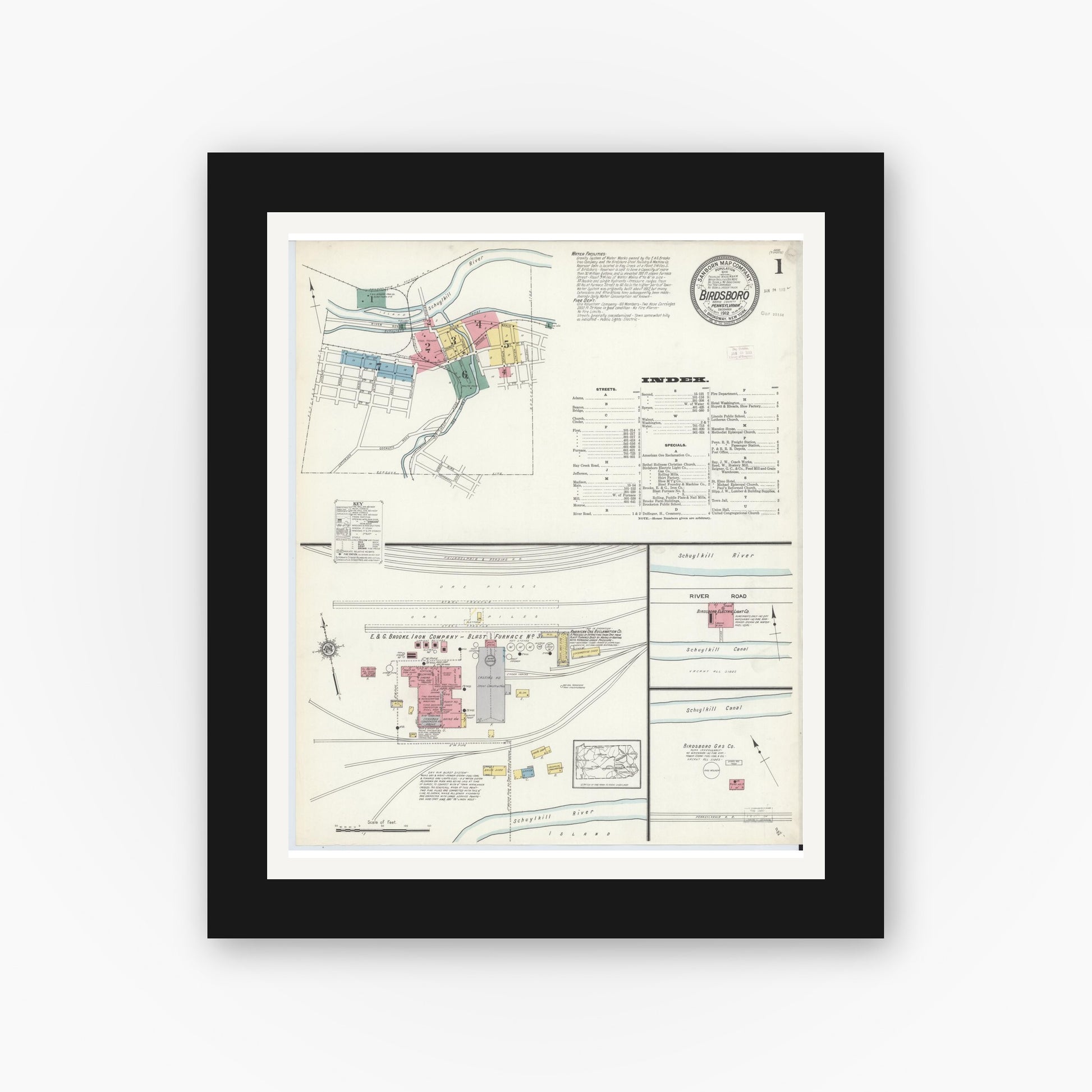 Old map wall art mockup — black gallery frame with white mat — Sanborn Fire Insurance Map from Birdsboro, Berks County, Pennsylvania (1912) - Complete Map Set