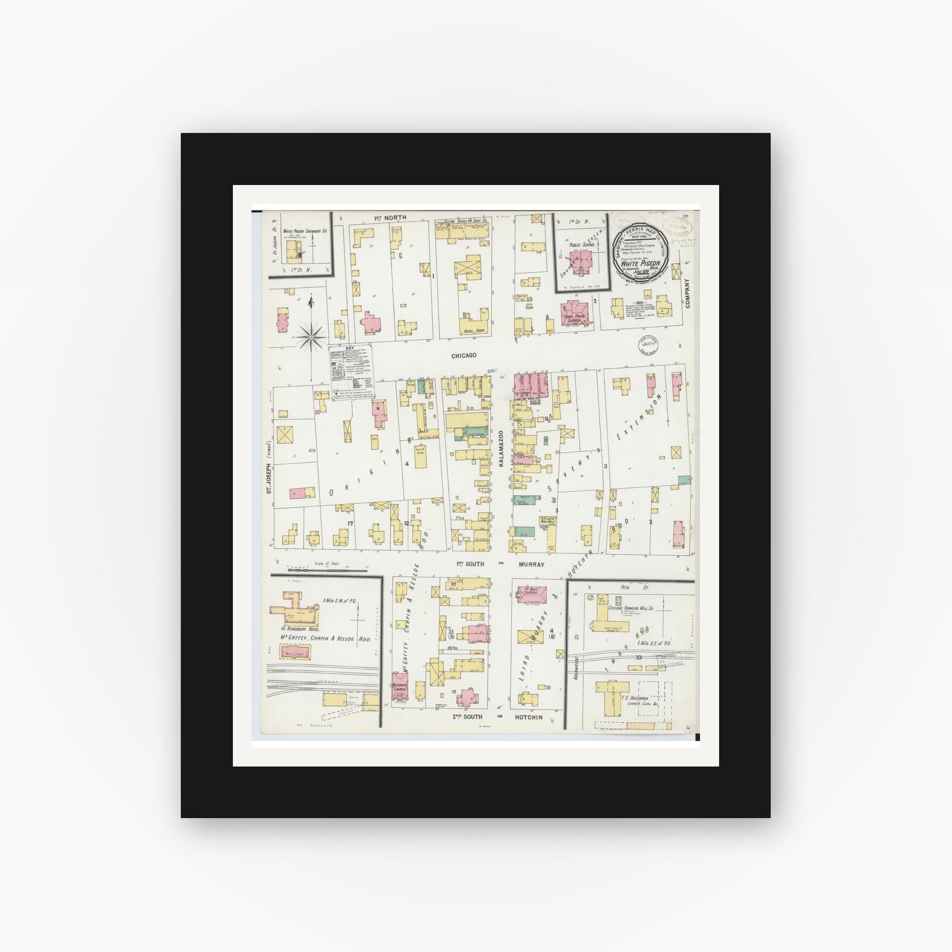 Old map wall art mockup — black gallery frame with white mat — Sanborn Fire Insurance Map from White Pigeon, Saint Joseph County, Michigan (1899), Sheet #0001