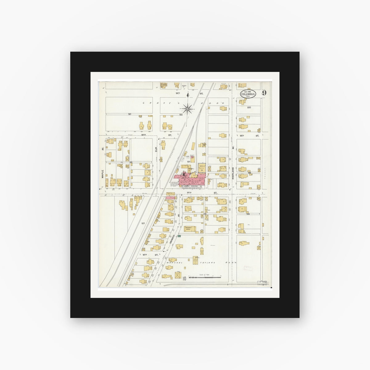 Old map wall art mockup — black gallery frame with white mat — Sanborn Fire Insurance Map from Columbus, Bartholomew County, Indiana (1906), Sheet #0009