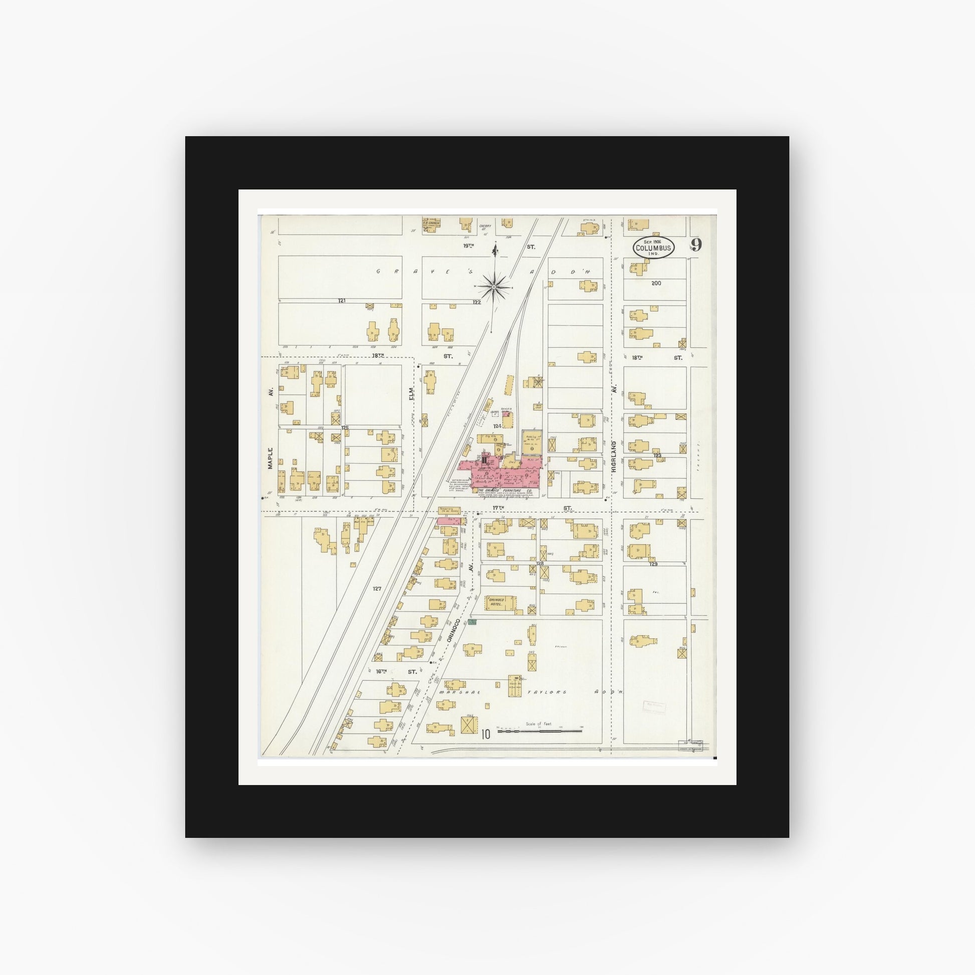 Old map wall art mockup — black gallery frame with white mat — Sanborn Fire Insurance Map from Columbus, Bartholomew County, Indiana (1906), Sheet #0009